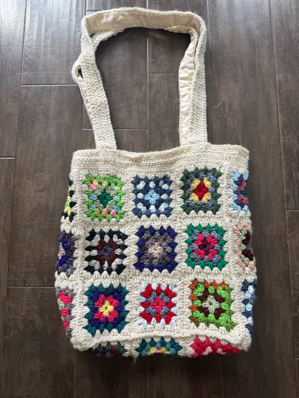 Handmade Crochet Granny Square Tote Bag Multicolor Boho Cotton Lining